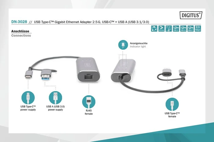 Digitus 2.5G Adapter LAN-Adapter, RJ-45, USB-C 3.0 [Stecker]