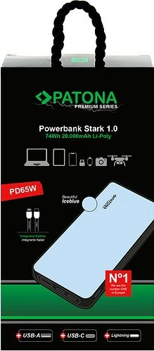 Patona Powerbank Stark 1.0 mit 2 integrierten Ladekabeln PD65W 20000mAh blau