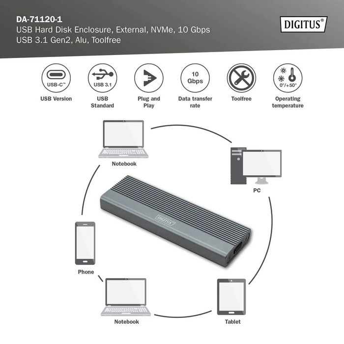 Digitus Festplattengehäuse für M.2 NVMe SSD, USB-C 3.1