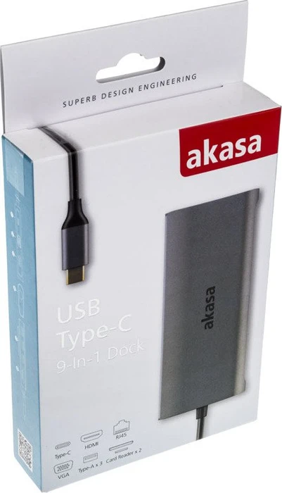 Akasa 9-in-1 Dock, USB-Hub, Dual-Slot-Cardreader, USB-C 3.0 [Stecker]