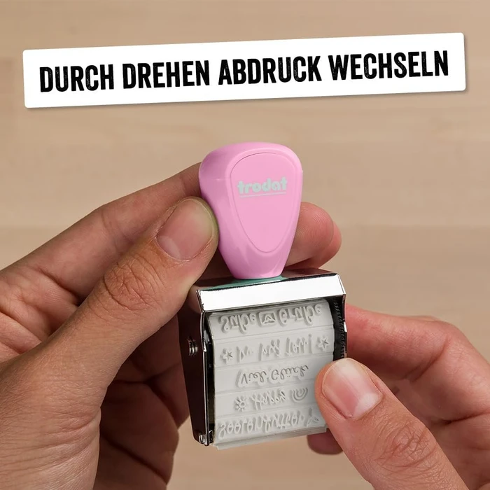 trodat Creative Mini Handstempel mit 12 Abdrucken "Nette Botschaften" inkl. 3-farbigem Kissen, 30x5mm, pastell rosa, 2er-Set