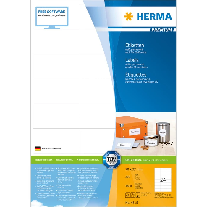 Herma Etiketten Premium, 70x37mm, weiß, matt, 200 Blatt (4800 Etiketten)