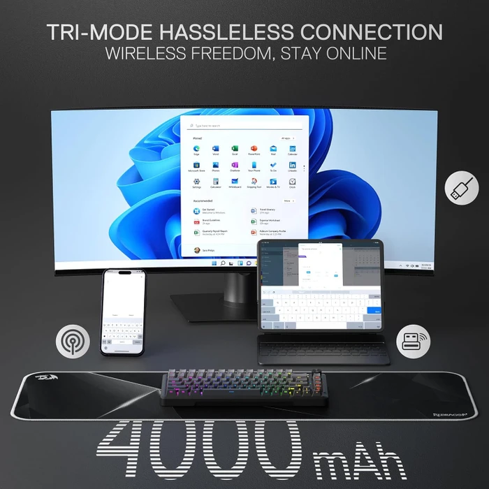 Redragon Behemoth K724 Pro Wireless, Concrete Jungle, LEDs RGB, Mint Mambo, USB/Bluetooth, US