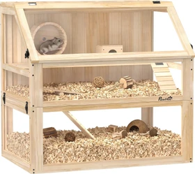 PawHut Hamsterkäfig aus Holz 3 Etagen, Nagarium Nagerkäfig mit klappbarem Deckel Laufrad, braun