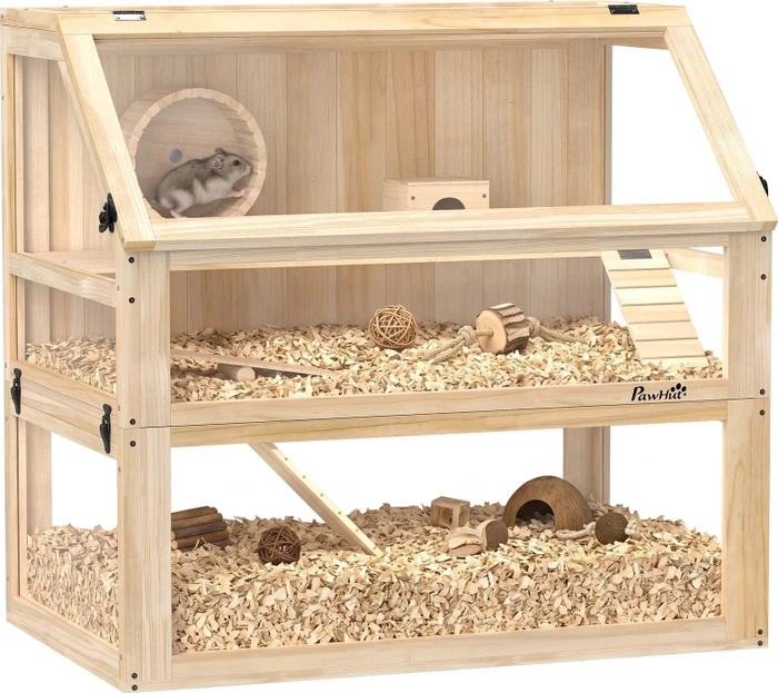PawHut Hamsterkäfig aus Holz 3 Etagen, Nagarium Nagerkäfig mit klappbarem Deckel Laufrad, braun