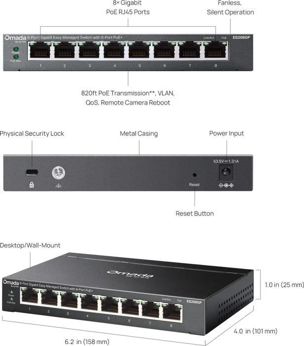TP-Link Omada ES200 Desktop Gigabit Managed Switch, 8x RJ-45, 64W PoE+