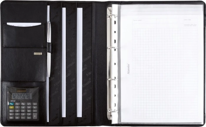 Jüscha Alassio Cremona II Ringbuch 4-Ring, 4 Fächer, 30mm, A4, schwarz, inkl. Taschenrechner