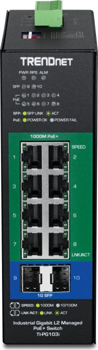 TRENDnet TI Hardened Industrial Railmount Gigabit Switch, 8x RJ-45, 2x SFP, 240W PoE+
