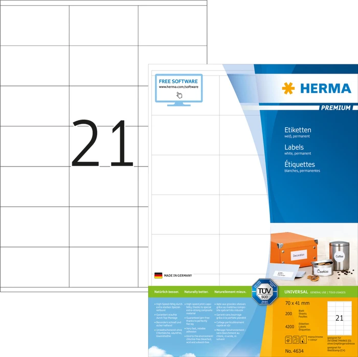 Herma Etiketten Premium, 70x41mm, weiß, matt, 200 Blatt (4200 Etiketten)