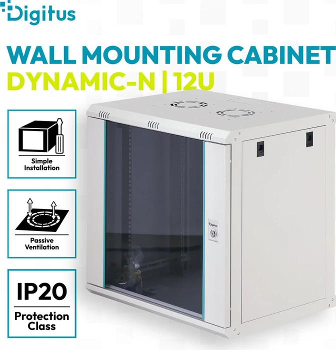 Digitus Dynamic-N Serie 19" Wandgehäuse 12HE, unmontiert, Sicherheitsglastür, IP2X, RAL 7035, 450mm tief