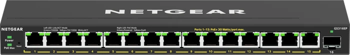 Netgear Ethernet Plus GS300 Desktop Gigabit Switch, 15x RJ-45, 1x SFP, 180W PoE+