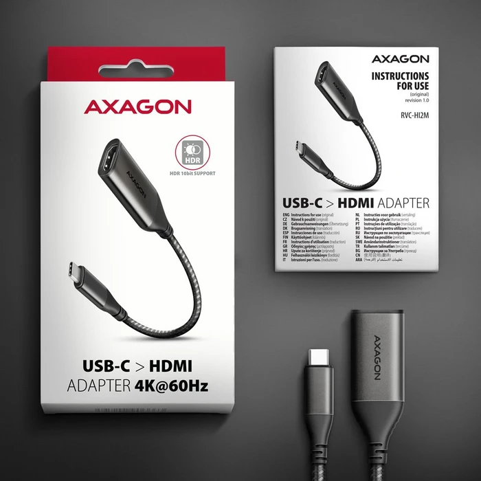 Axagon HDMI Adapterkabel, USB-C [Stecker] auf HDMI 2.1 [Buchse], 4K60Hz, Adapterkabel, 25cm