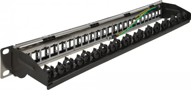 DeLOCK Patchpanel für RJ-45 Keystone Module 19", mit Kabelbefestigungsschiene, 24-Port, 1HE, 19", 1HE, schwarz