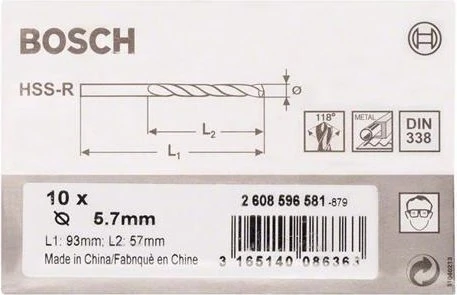 Bosch Professional HSS-R Spiralbohrer, 5.7x57x93mm, 10 Stück