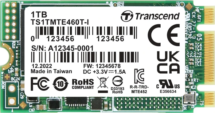Transcend Industrial MTE460T-I SSD 1TB, M.2 2242 / B-M-Key / PCIe 3.1 x2