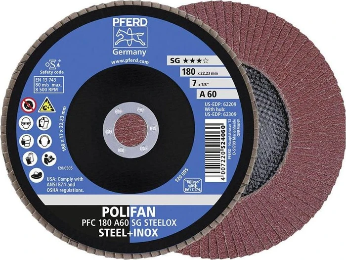 Pferd PFC 180 A 60 SG STEELOX POLIFAN Fächerschleifscheibe K60, 180x22.23mm, 10 Stück