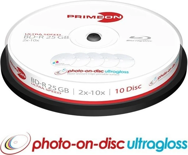Primeon photo-on-disc ultragloss BD-R 25GB, 10x, 10er Spindel, printable