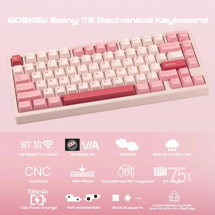 Wobkey Rainy 75 Pro, rosa, LEDs RGB, Kailh Cocoa, USB/Bluetooth, US