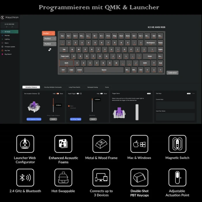 Keychron K2 HE Wireless, Special Edition ISO Black, 75%, PBT, LEDs RGB, Gateron 2.0 Magnetic Nebula, USB/Bluetooth, DE