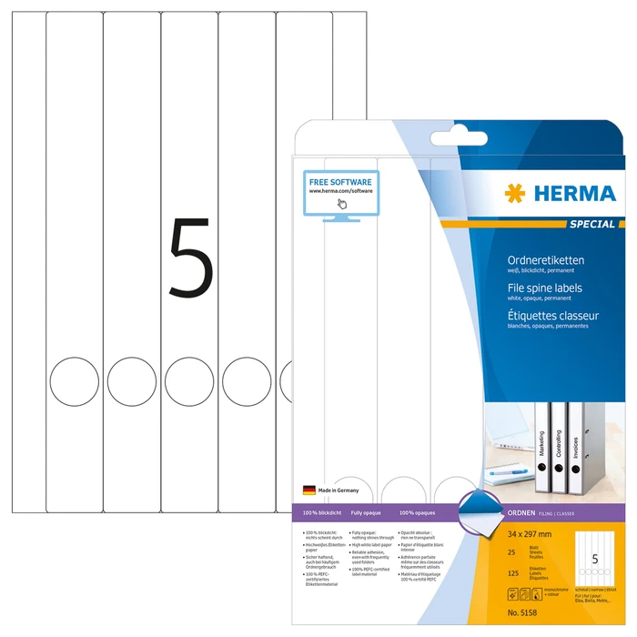 Herma Ordneretiketten, 34x297mm, weiß, matt, 25 Blatt (125 Etiketten)
