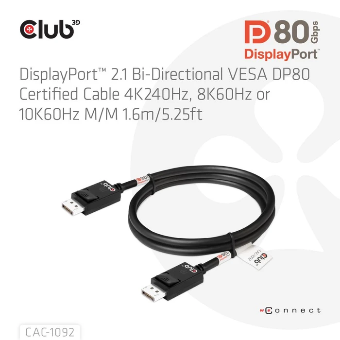 Club 3D DisplayPort 2.1 Kabel DP80 schwarz, 1.60m