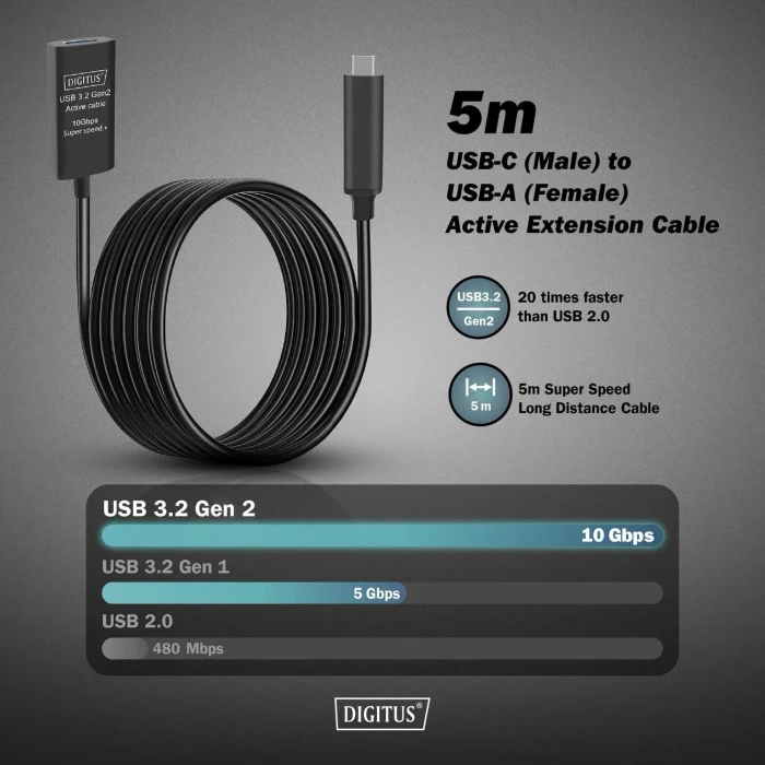 Digitus USB 3.1 aktives Verlängerungskabel, USB-C [Stecker] auf USB-A [Buchse], 5m schwarz