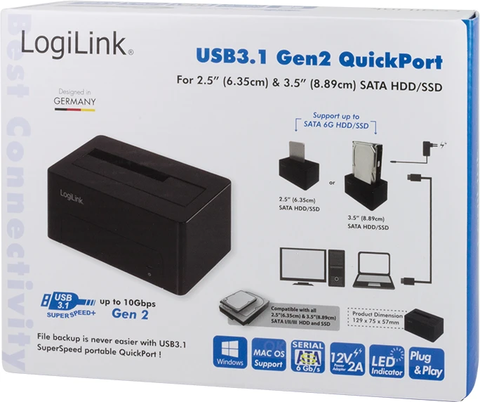 LogiLink USB 3.1 Quickport für 2.5"/3.5" SATA HDD/SSD schwarz, USB-C 3.1