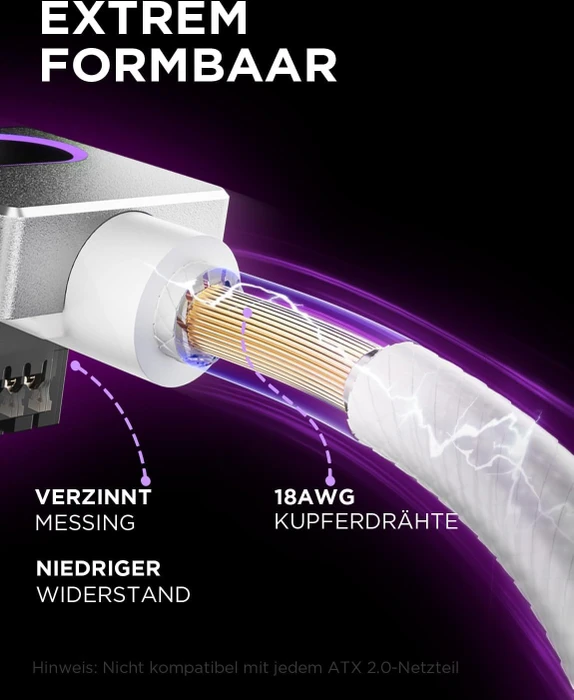AsiaHorse Hydrus 12VHPWR, 12VHPWR Kabel, 1x 16-Pin PCIe 5.0 Stecker auf 16-Pin PCIe 5.0 Stecker, 90° gewinkelt, Typ B, Clip oben, RGB beleuchtet, weiß, 50cm