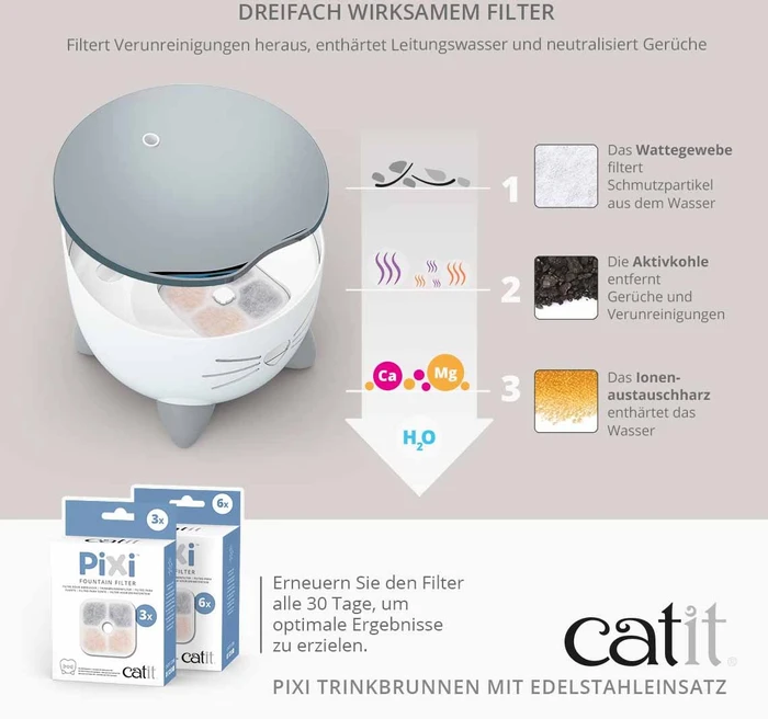 Catit PIXI Trinkbrunnen, LED-Statusanzeige, Trockenlaufschutz, Edelstahleinsatz, 2.5l, weiß