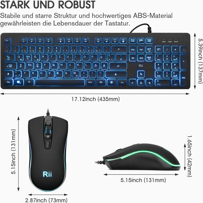 Riitek Rii RK105 Tastatur und Maus Set, USB, DE