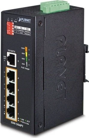 Planet ISW-504PT Industrial Railmount Switch, 5x RJ-45, 120W PoE+