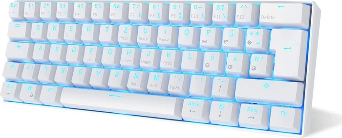 RK Royal Kludge RK61 60% Wireless, weiß, LEDs blau, Kailh BLUE, USB/Bluetooth, DE