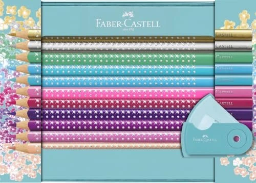 Faber-Castell Jumbo Sparkle Geschenkset Bleistift sortiert, Metalletui, Anspitzer, 21er-Set