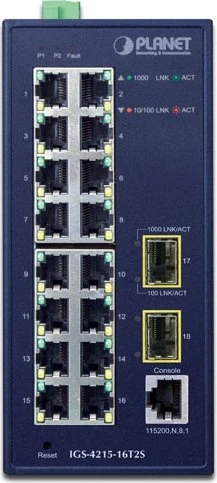 Planet IGS-4215 Industrial Railmount Gigabit Managed Switch, 16x RJ-45, 2x SFP