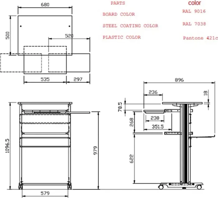 Roline PC-Steh-Arbeitsplatz Schreibtisch 68x54cm grau/grau
