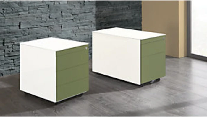 mauser Rollcontainer line, 570x600mm, 1x Utensilienauszug, 3x Materialschublade, reinweiß/schilfgrün