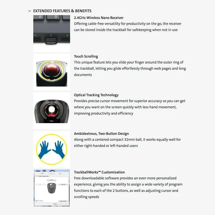 Kensington Orbit Wireless Mobile Trackball, USB-A/Bluetooth