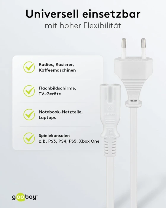 goobay Euro-Netzkabel, Eurostecker auf C7 Stecker, weiß, 1.5m