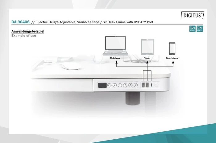 Digitus elektrisch höhenverstellbarer Sitz-Steh-Schreibtisch mit USB-Ladestation 120x60cm weiß/weiß