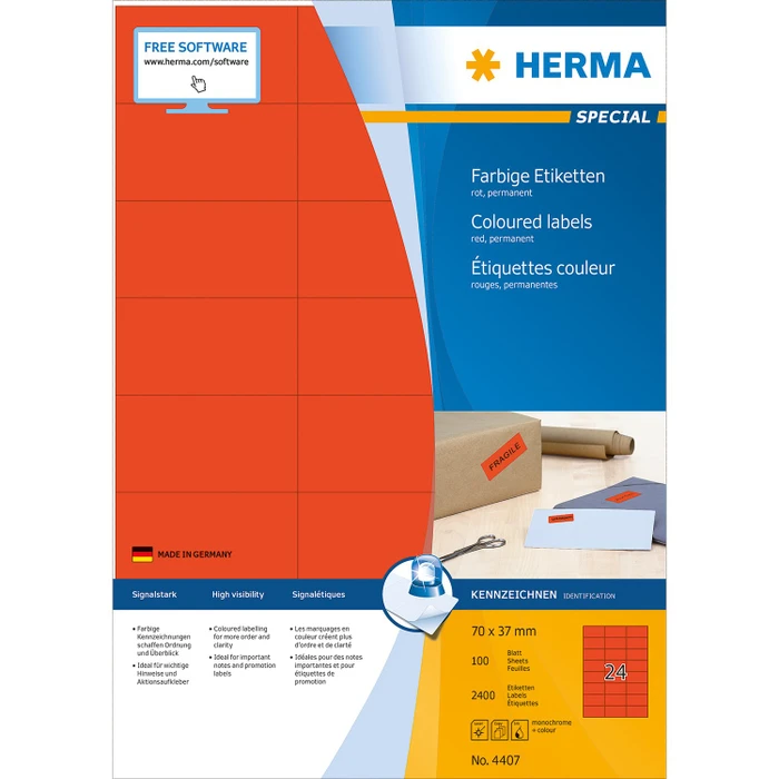 Herma Etiketten, 70x37mm, rot, 100 Blatt (2400 Etiketten)