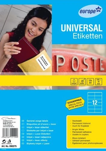 europe100 Etiketten, 105x48mm, weiß, 100 Blatt (1200 Etiketten)