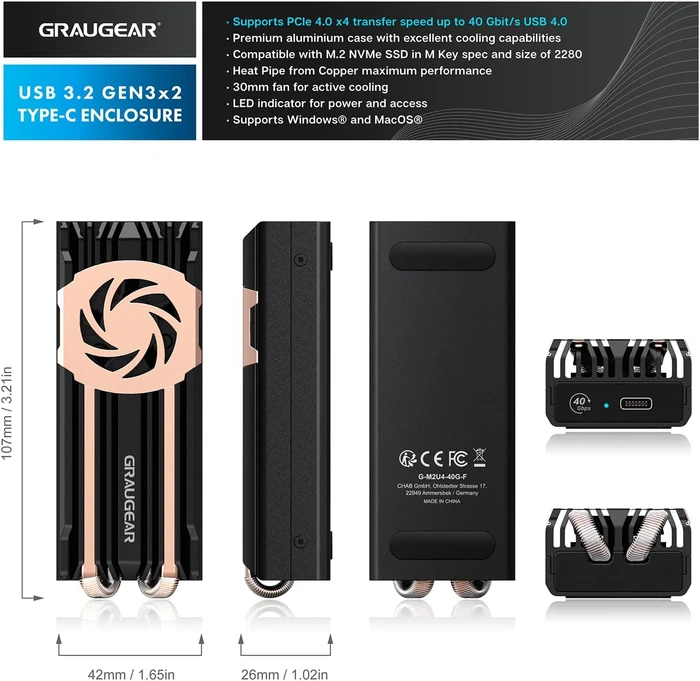 Graugear G-M2U4-40G-F USB4 SSD-Gehäuse für M.2 2280 NVMe SSD, USB4