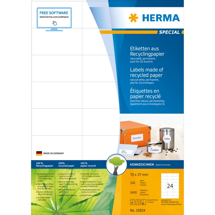 Herma Etiketten Recycling, 70x37mm, weiß, matt, 100 Blatt (2400 Etiketten)