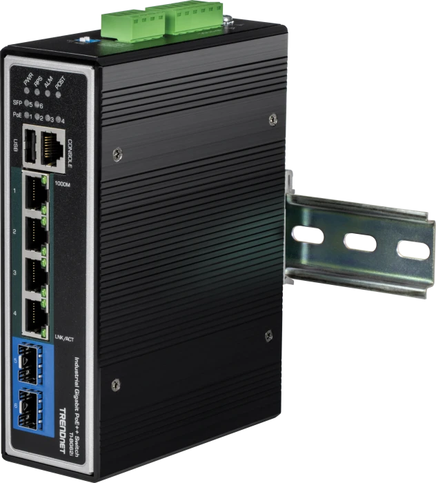 TRENDnet TI Hardened Industrial Railmount Gigabit Managed Switch, 4x RJ-45, 2x SFP, 360W PoE++