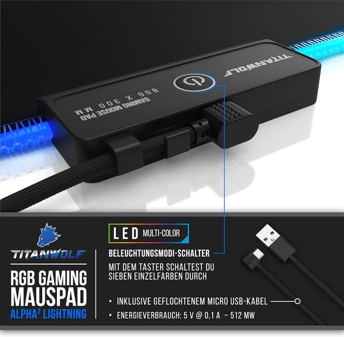 Titanwolf Alpha 2 Lightning RGB Gaming XXL Mauspad, 800x300mm, schwarz