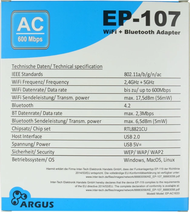 Inter-Tech EP-107, 2.4GHz/5GHz WLAN, Bluetooth 4.2, USB-A 2.0
