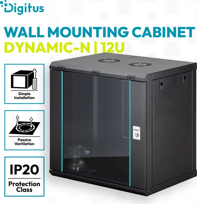Digitus Dynamic-N Serie 19" Wandgehäuse 12HE, unmontiert, Sicherheitsglastür, IP2X, RAL 9005, 450mm tief