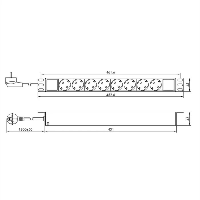 Value 19" Aluminium Steckdosenleiste, 1HE, 8-fach, 250V, schwarz, 1.8m