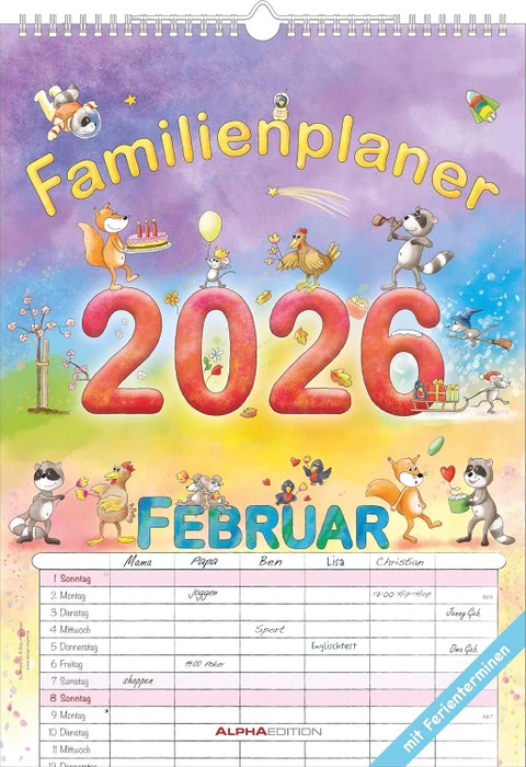 Neumann AlphaEdition Familienplaner Cartoon Monatskalender 2026, A3 297x420mm