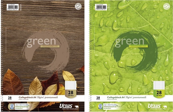 Ursus green Collegeblock, A4, Lineatur 28, 2 Motive sortiert, 100 Blatt
